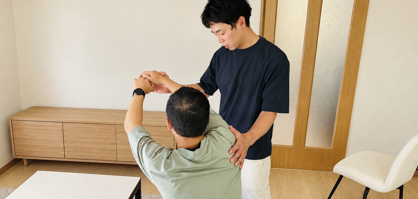 椅子に座った方の腕の動きを確認する様子